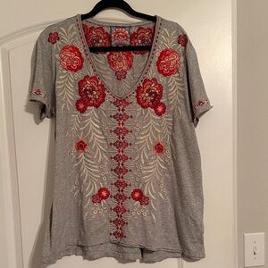 Embroidered Floral Gray Johnny Was Top